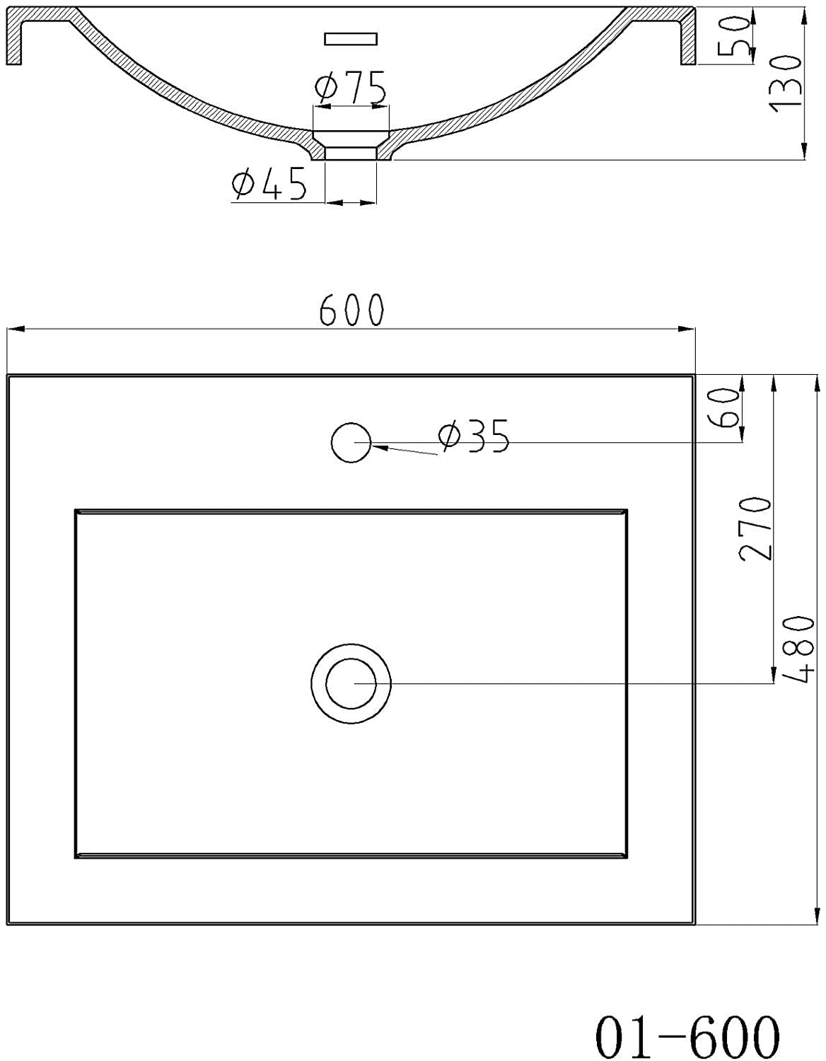 glasvilla Waschbecken Einbauwaschbecken Waschschale Waschtisch Mineralguss Rechteckig 1 Armaturenloch Überlauf-Funktion Col01